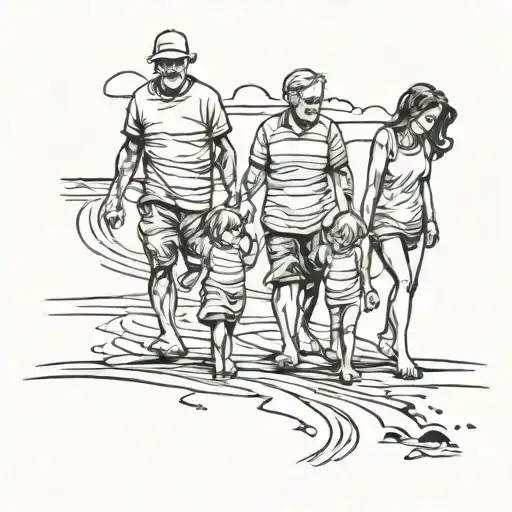 Father, mother, son and daughter – walking on the beach, hand in hand, sunset, footprints in the sand tattoo design idea