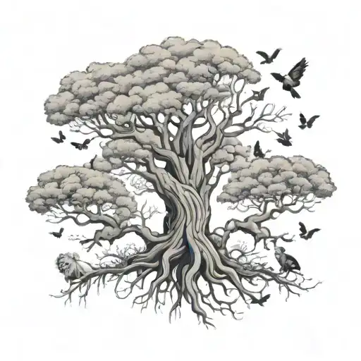 - A tree with 2 small lions at the bottom , 4 small butterflies , and 4 small birds flying over  tattoo design idea
