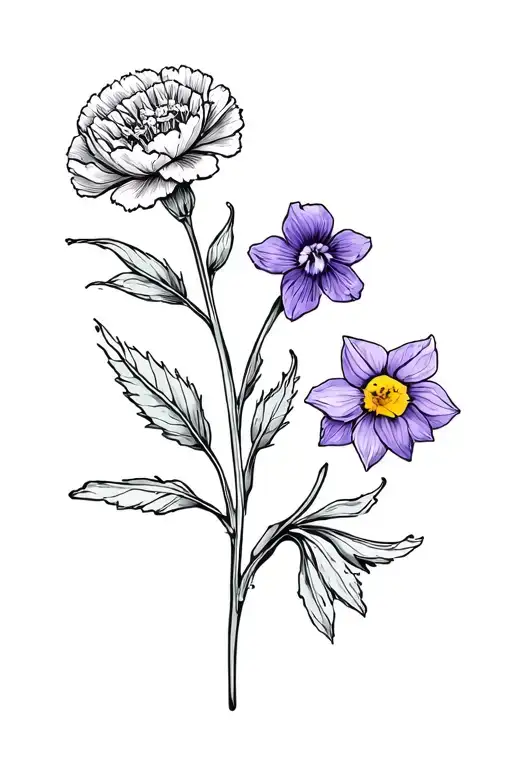 Two hawthorn flowers, two carnations, a violet, and a daffodil  tattoo design idea
