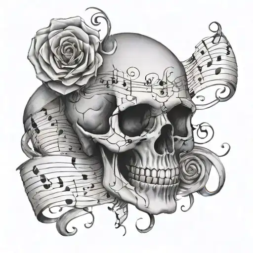 skull with music notes floating and qoute 'even the dark has its depth' tattoo design idea