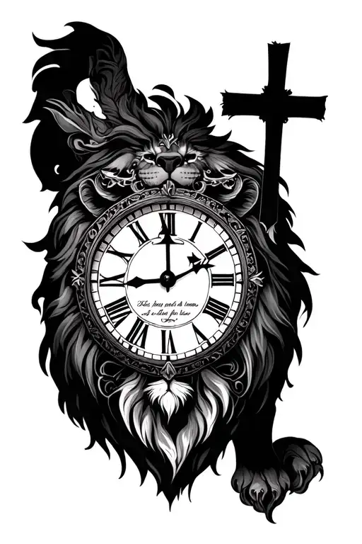 a clock,lion,cross, a Christian verse written tattoo design idea