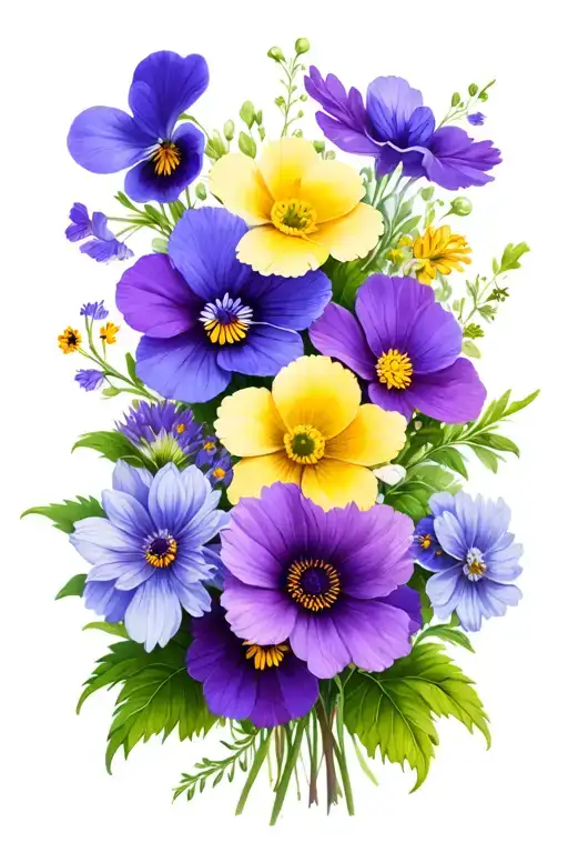 violets, primroses, asters flower bouquet tattoo design idea