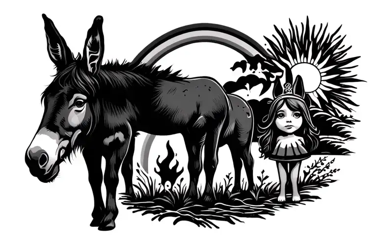 elements of nature  symbols fire water wind earth a donkey and a labrodor and a small girl and a rainbow and a sun  tattoo design idea