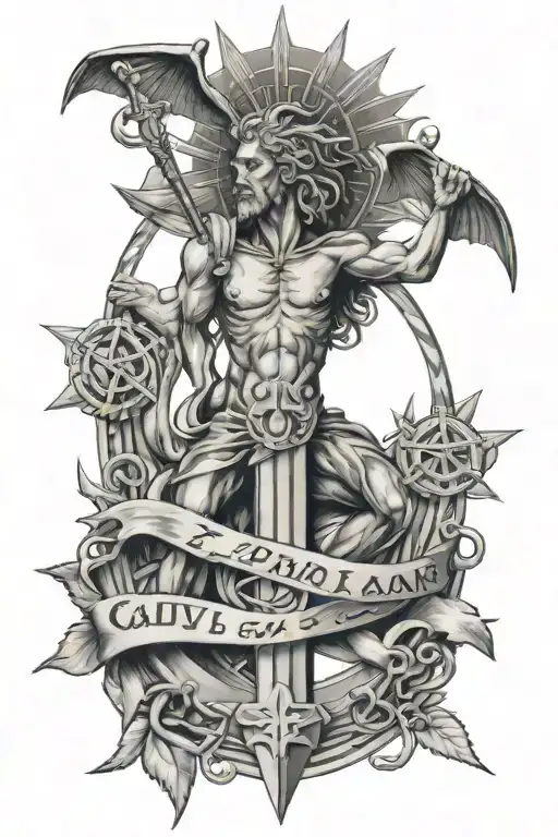masculin, caduceus on top, seal of Solomon on the bottom, heavy black work, no letters tattoo design idea