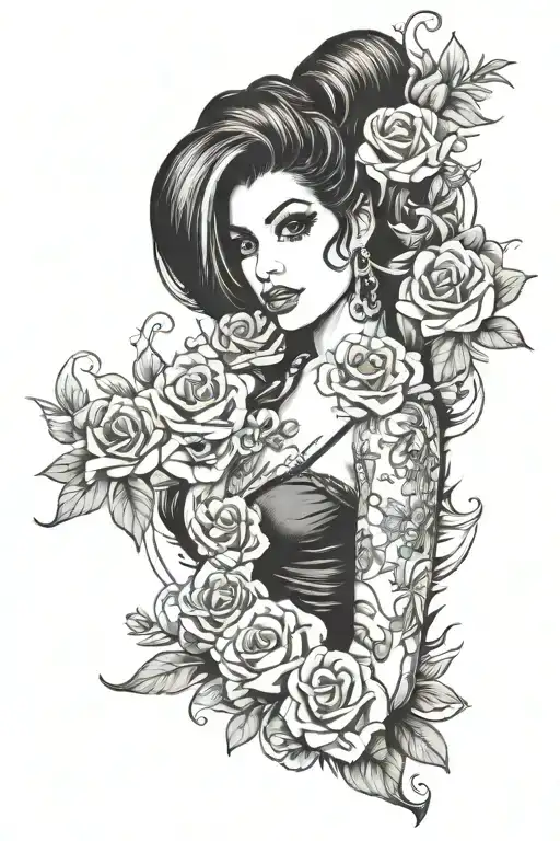 leg sleeve tattoo featuring Amy winehouse tattoo with the lyrics tattoo design idea