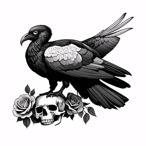 turkey vulture standing on a skull with roses  tattoo design idea