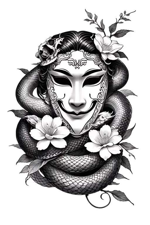 blackwork hanya mask in 3/4 view camera sorrounded by snake with flowers, the background must be in traditional Japanese tattoo design idea