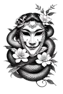 blackwork hanya mask in 3/4 view camera sorrounded by snake with flowers, the background must be in traditional Japanese tattoo design idea