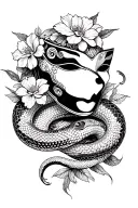 blackwork hanya mask in 3/4 view camera sorrounded by snake with flowers, the background must be in traditional Japanese tattoo design idea