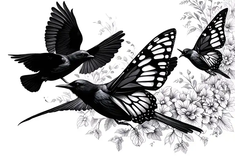 3 black birds flying away with butterfly  tattoo design idea