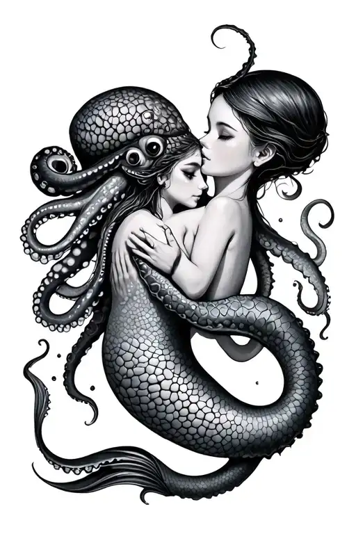 mermaid hugging octopus wrapped tattoo design idea