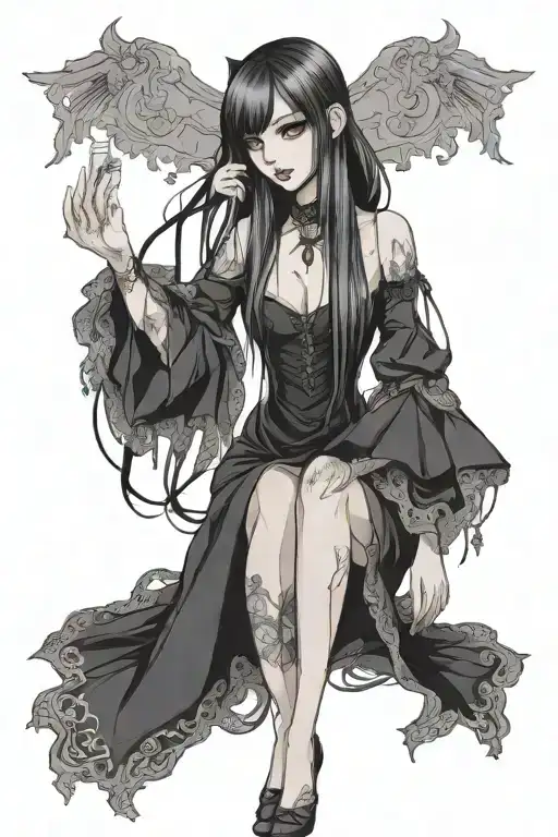 female anime vampire long hair bangs gothic dress detailed hands tattoo design idea