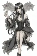 female anime vampire long hair bangs gothic dress detailed hands tattoo design idea