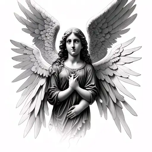 Realistic Angel with sunbeams and font tattoo tattoo design idea