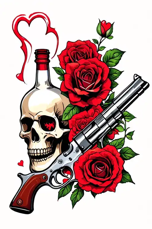 skull with roses and liquor bottle and gun with broken heart tattoo design idea