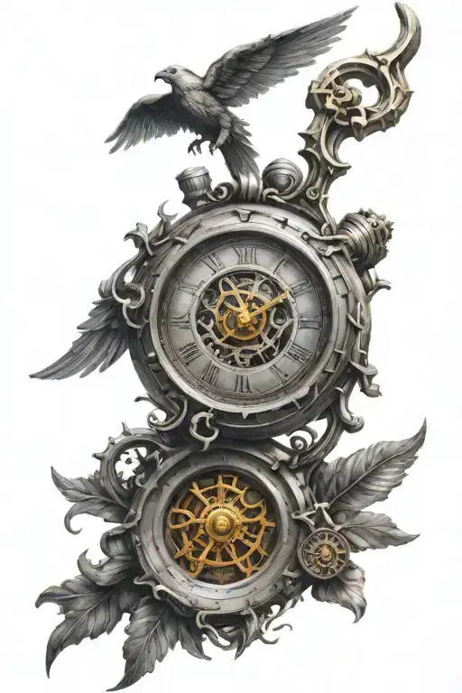 ancient Greek mythology, Ares god of war, a clock mechanism intertwined tattoo design idea