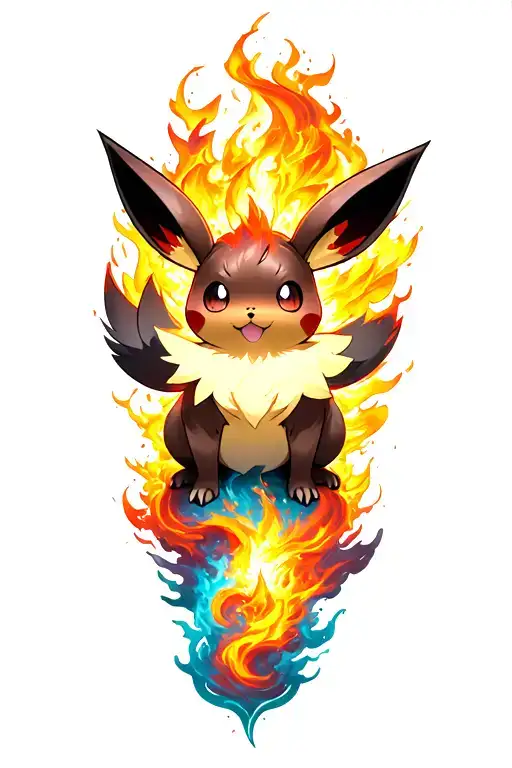 Tattoo design on right calf showing Eevee evolving into Flareon, surrounded by swirling fire and smoke. The energy flows tattoo design idea