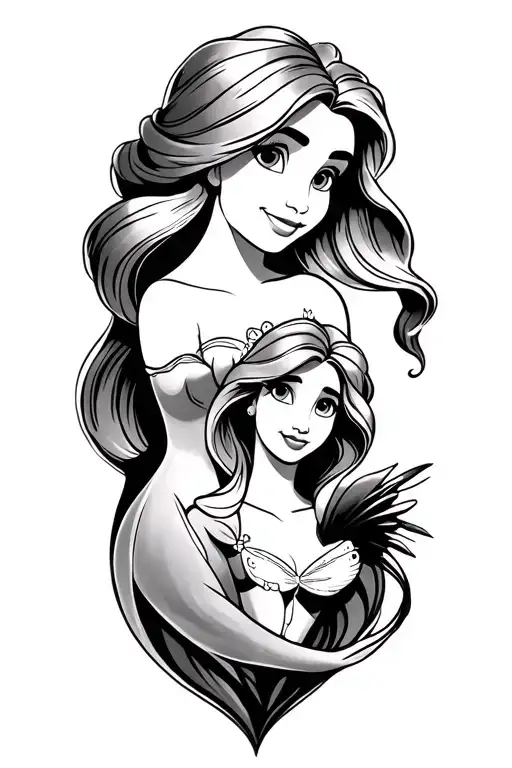 Disney characters monochrome tattoo Ariel and Rapunzel pascal and flounder  tattoo design idea