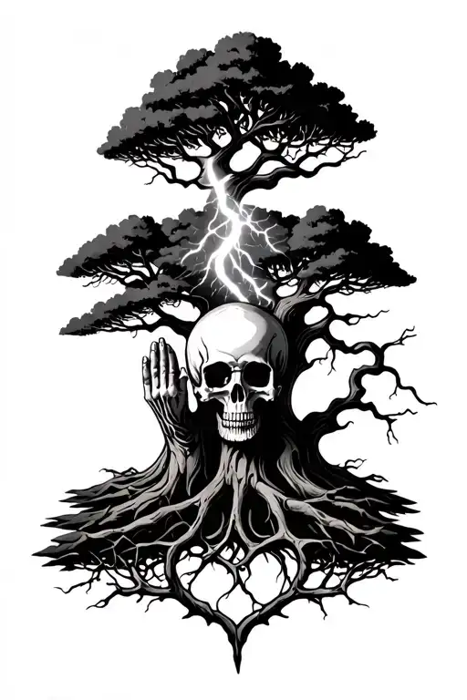 Tree of life, with lightning storm, skull praying to the sky above tattoo design idea