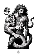 gilgamesh sumerian with a lion in his left arm and a snake raveling up his hand in the other tattoo design idea