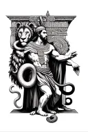 gilgamesh sumerian with a lion in his left arm and a snake raveling up his hand in the other tattoo design idea