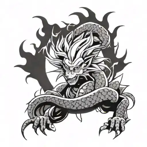 A minimalist tatto design with the four star dragon ball, also want to include shenron and look like sauskes curse mark tattoo design idea