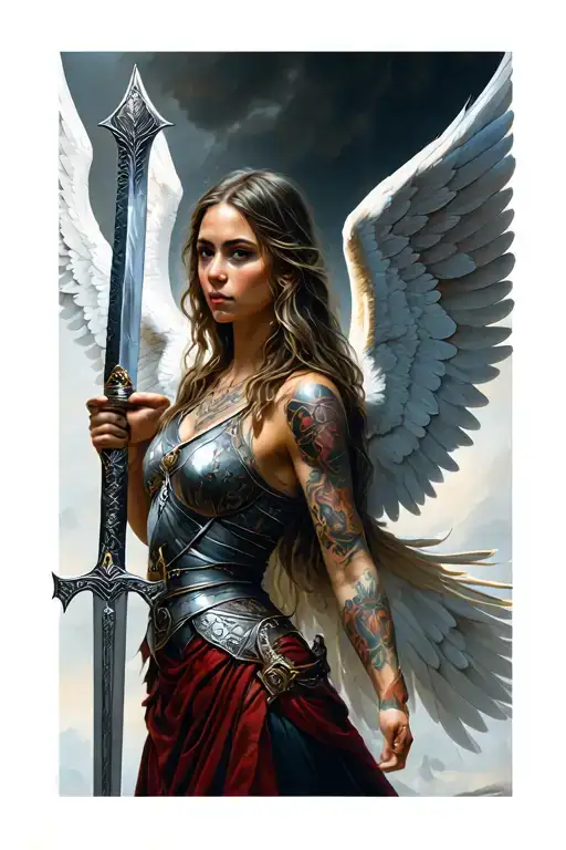 Female angelic warrior holding sword with full wings tattoo design idea