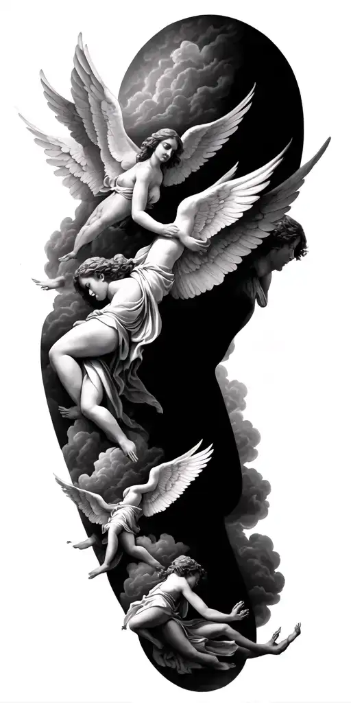 Choir of angels in clouds flowing down the arm. Archangels (Michael, Gabriel, Raphael) each in different positions tattoo design idea
