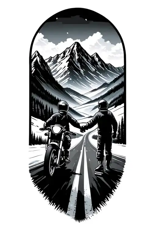 a road leading to mountains, dad and child holdning hands, motorbikes, ice hockey,  tattoo design idea
