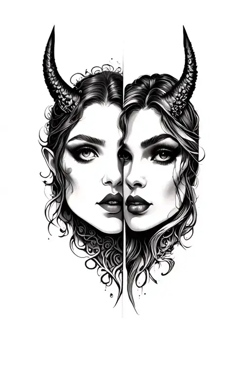 devil-angel women tattoo design tow faces peeking tattoo design idea