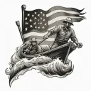 A lineboat deckhand steering a boat through rough waters with an American flag waving in the background tattoo design idea