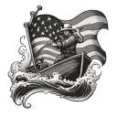 A lineboat deckhand steering a boat through rough waters with an American flag waving in the background tattoo design idea