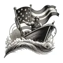 A lineboat deckhand steering a boat through rough waters with an American flag waving in the background tattoo design idea