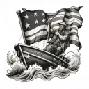 A lineboat deckhand steering a boat through rough waters with an American flag waving in the background tattoo design idea