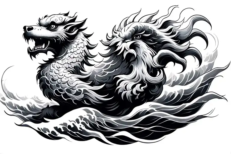 Japanese waves around Foo dog tattoo design idea