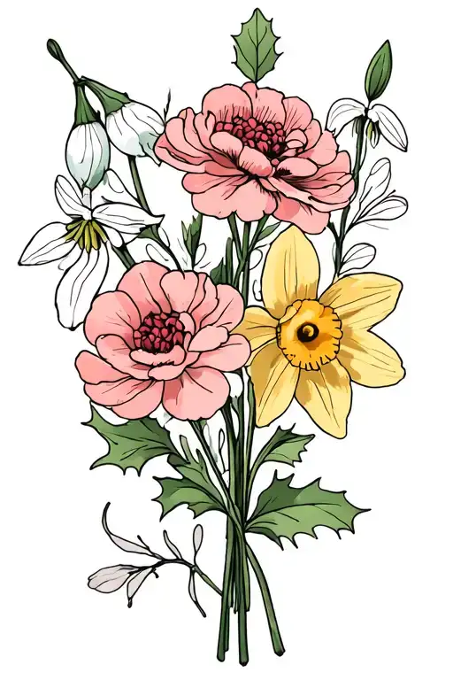 small bouquet featuring carnation, snowdrop, narcissus and holly flower tattoo design idea