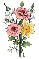 small bouquet featuring carnation, snowdrop, narcissus and holly flower tattoo design idea