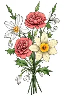 small bouquet featuring carnation, snowdrop, narcissus and holly flower tattoo design idea