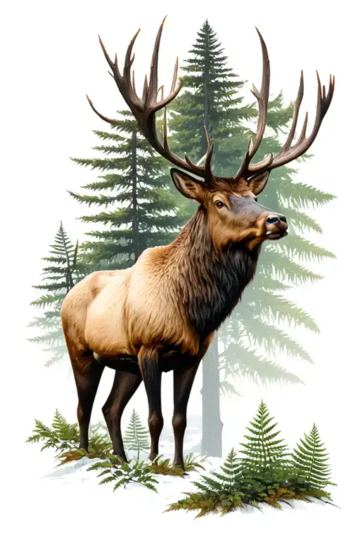elk with 1 sitka tree in the background and some maiden hair ferns  tattoo design idea