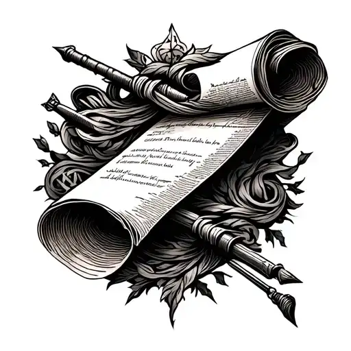 A tattoo design of an ancient scroll unraveling to reveal the truth, intertwined with philosophical symbols and research tools tattoo design idea