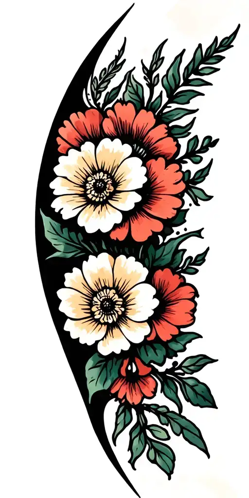 a couple small sailor Jerry flowers surrounded by big black negative spaces embellished with micro twinkles and crosses  tattoo design idea