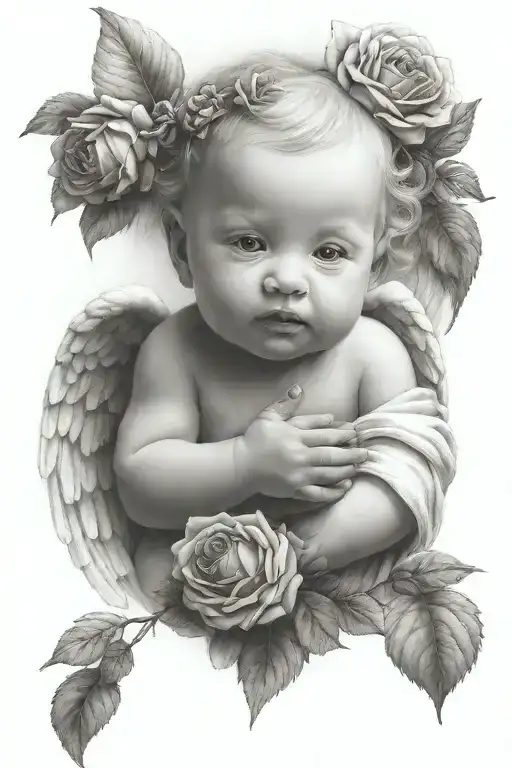 baby angel, dove, and rose tattoo design idea