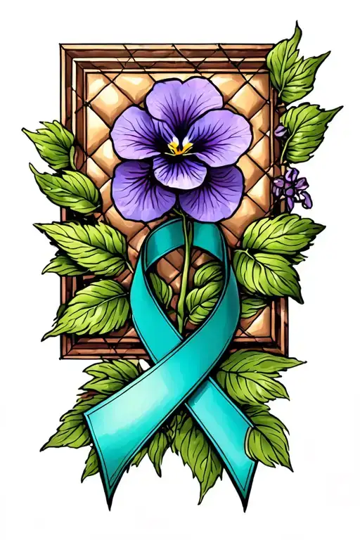 memorial tattoo featuring a quilted square as the focal, african violet flower and teal cancer ribbon tattoo design idea