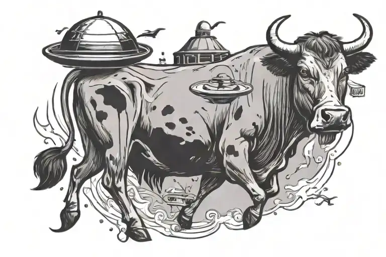 cow abducting a UFO with its udders tattoo design idea