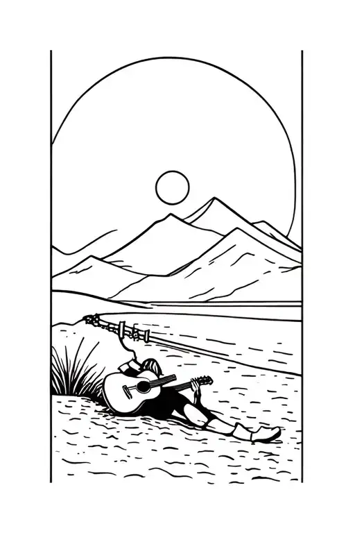 A person resting on the beach playing guitar near a road that leads to a mountain with the sun behind tattoo design idea