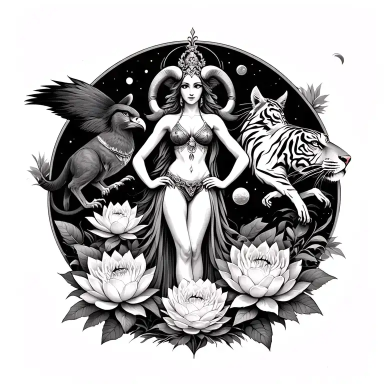 sexy aries goddess surrounded by lotus and peony flowers growing with a tiger and a hawk with mars in the sky tattoo design idea