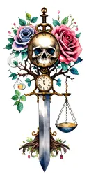 family tree, rose intertwined, evil eye, skull, scales, truth, pocket watch, hour glass, sword tattoo design idea