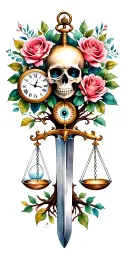 family tree, rose intertwined, evil eye, skull, scales, truth, pocket watch, hour glass, sword tattoo design idea