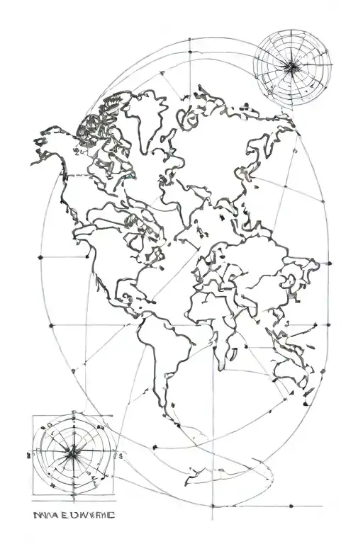 world map outline shape with unalome symbol tattoo design idea