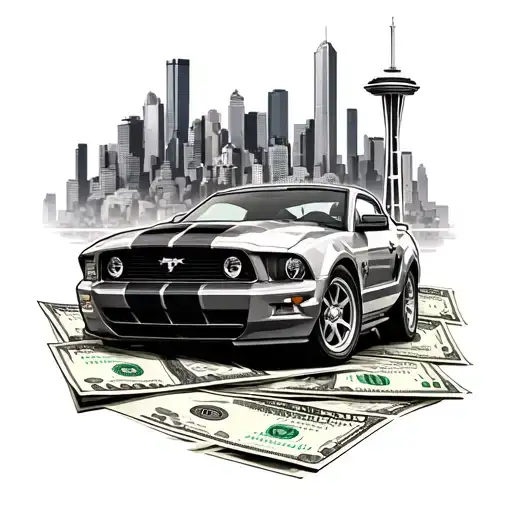 mustang driving on top of $100 bills and seattle space needle and skyline in background  tattoo design idea